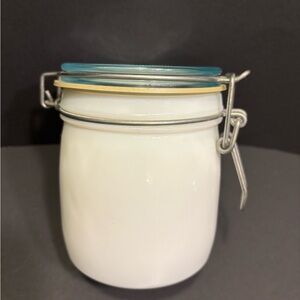 1960’s Wheaton Milk Glass Canister 1/2L Clear Aqua Lid Zinc Band Pre-Owned